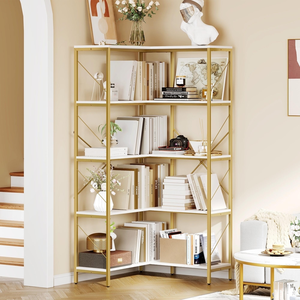 Moasis 65.9 Inch Corner Bookshelf 5 Tier Industrial Display Bookcase