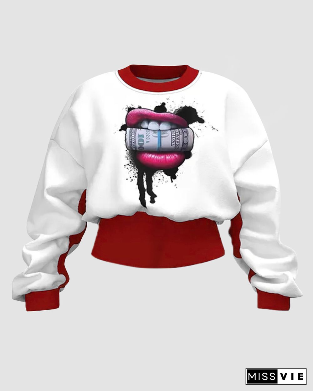 Colorblock Lips Print Round Neck Sweatshirt