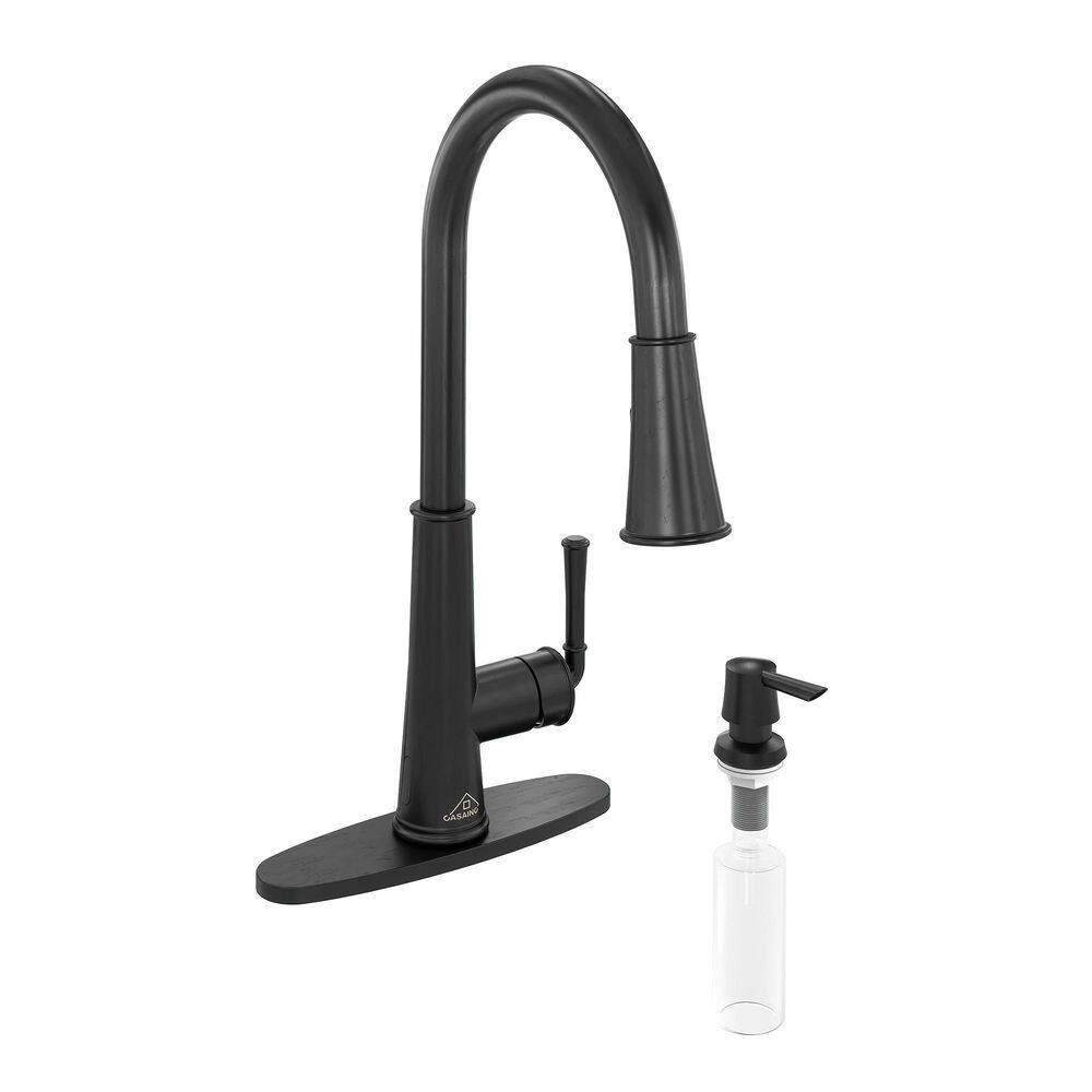 CASAINC Single-Handle Pull Down Sprayer Kitchen Faucet with Touchless Sensor LED Soap Dispenser and Deckplate in Matte Black CA-W3085-MB