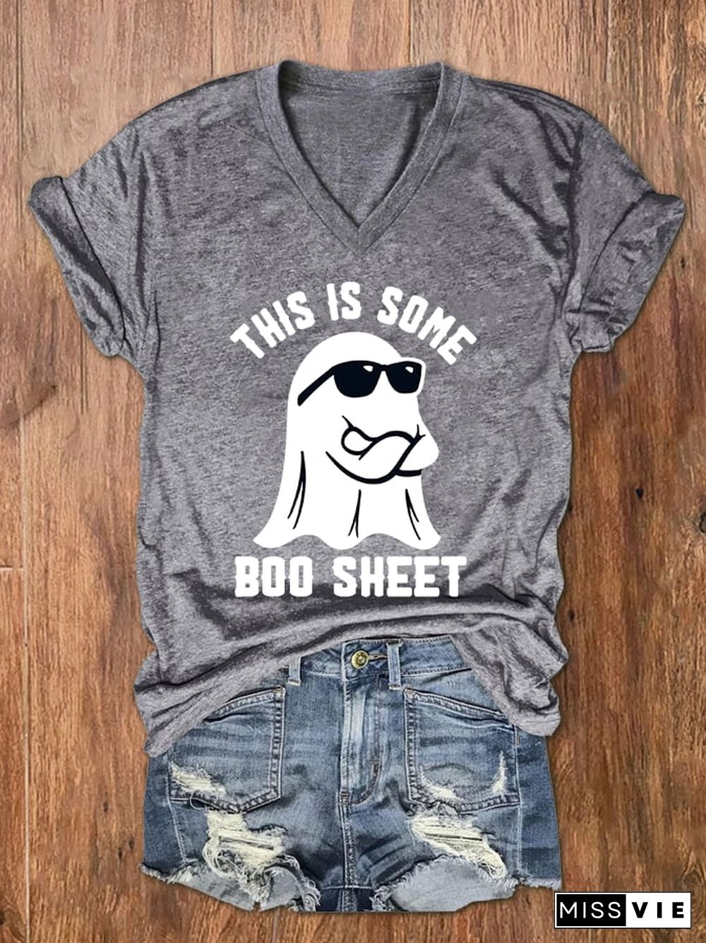 Women's Halloween This Is Some Boo Sheet Print V-Neck T-Shirt