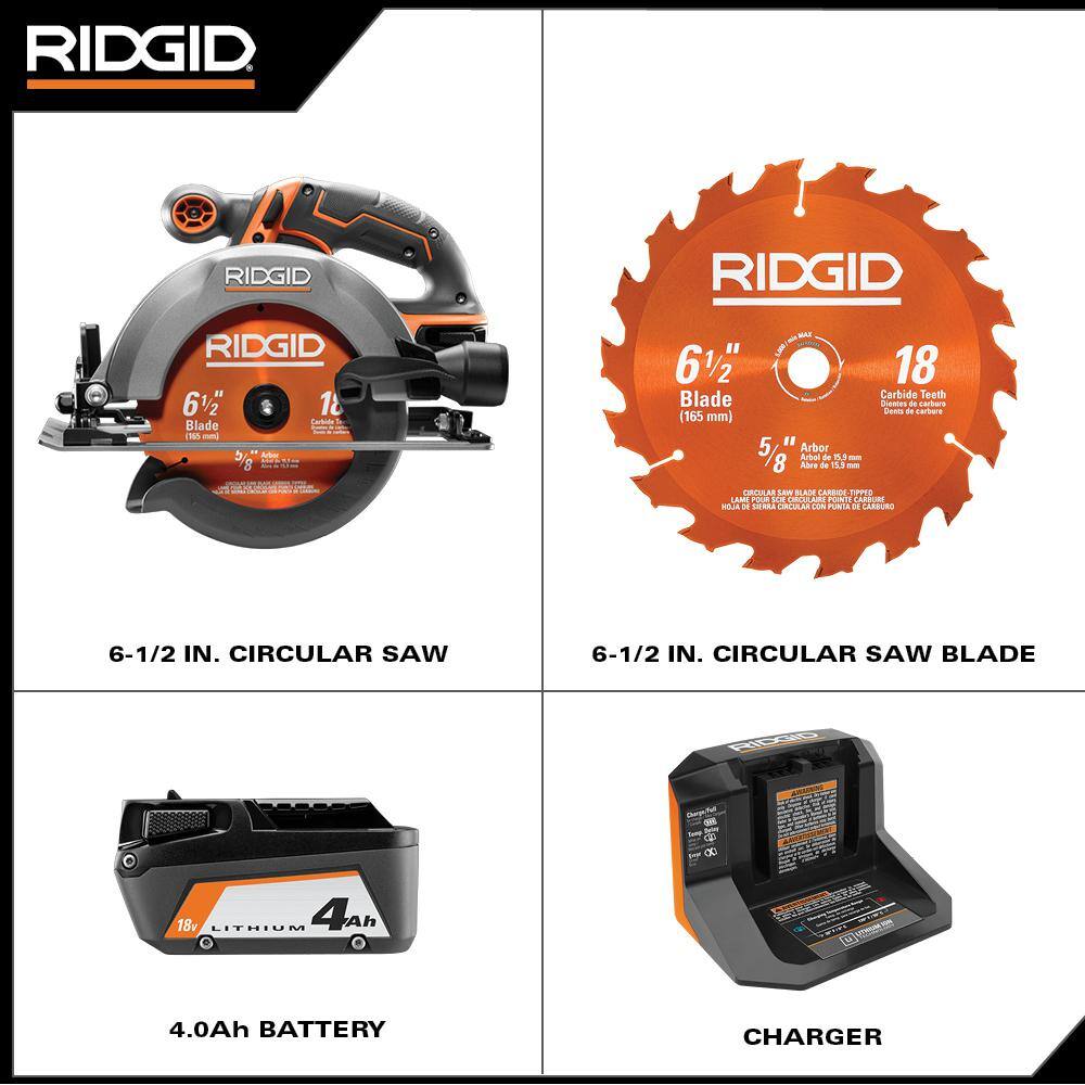 RIDGID 18V Cordless 6 12 in. Circular Saw Kit with (1) 4.0 Ah Battery and Charger with Extra 6-12 in. Circular Saw Blade R8655KN-AC612N