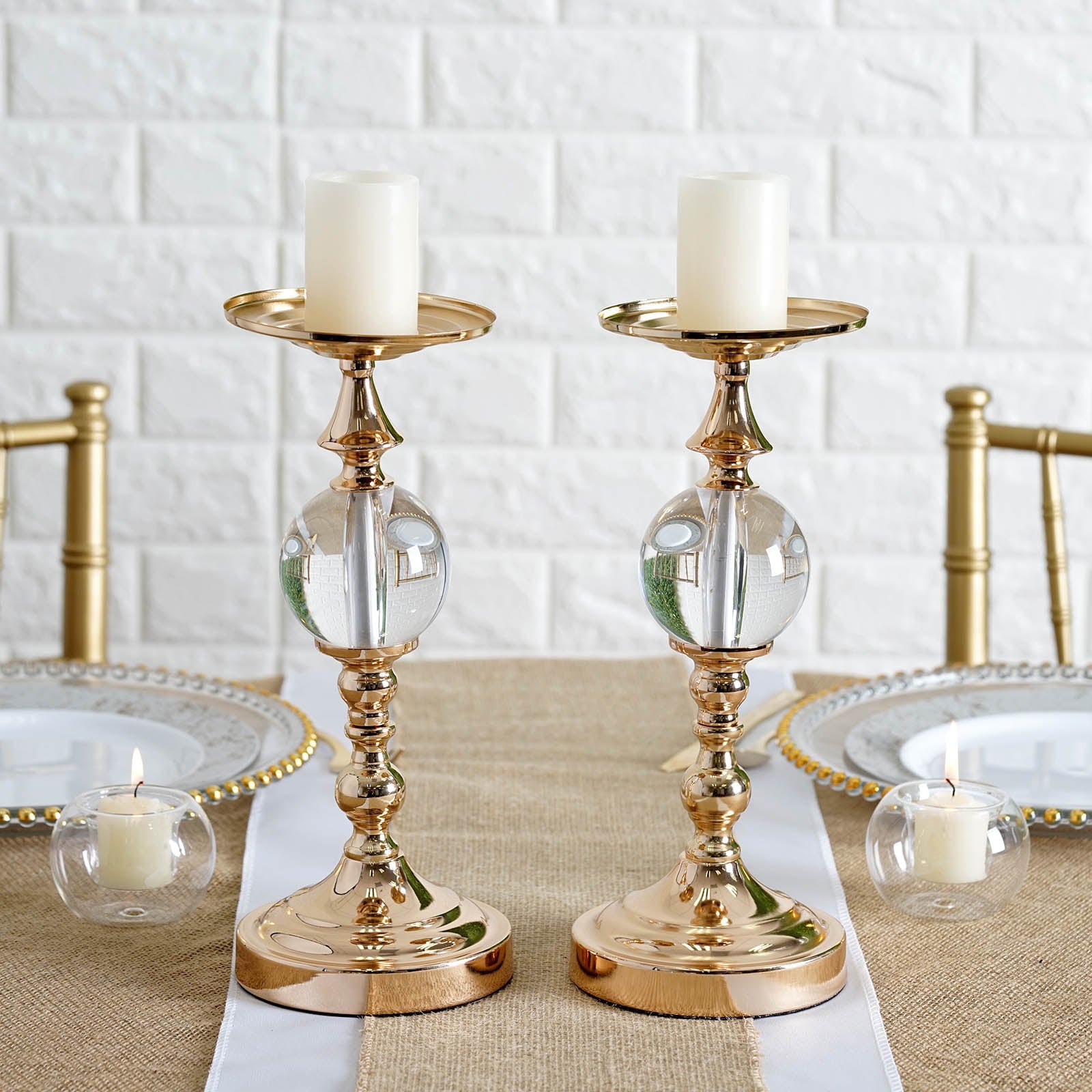 Efavormart 2 Pack 13 Tall Gold Metallic Floral Vase Riser Pillar Candle Holder With Acrylic Ball Centerpiece For Weddings