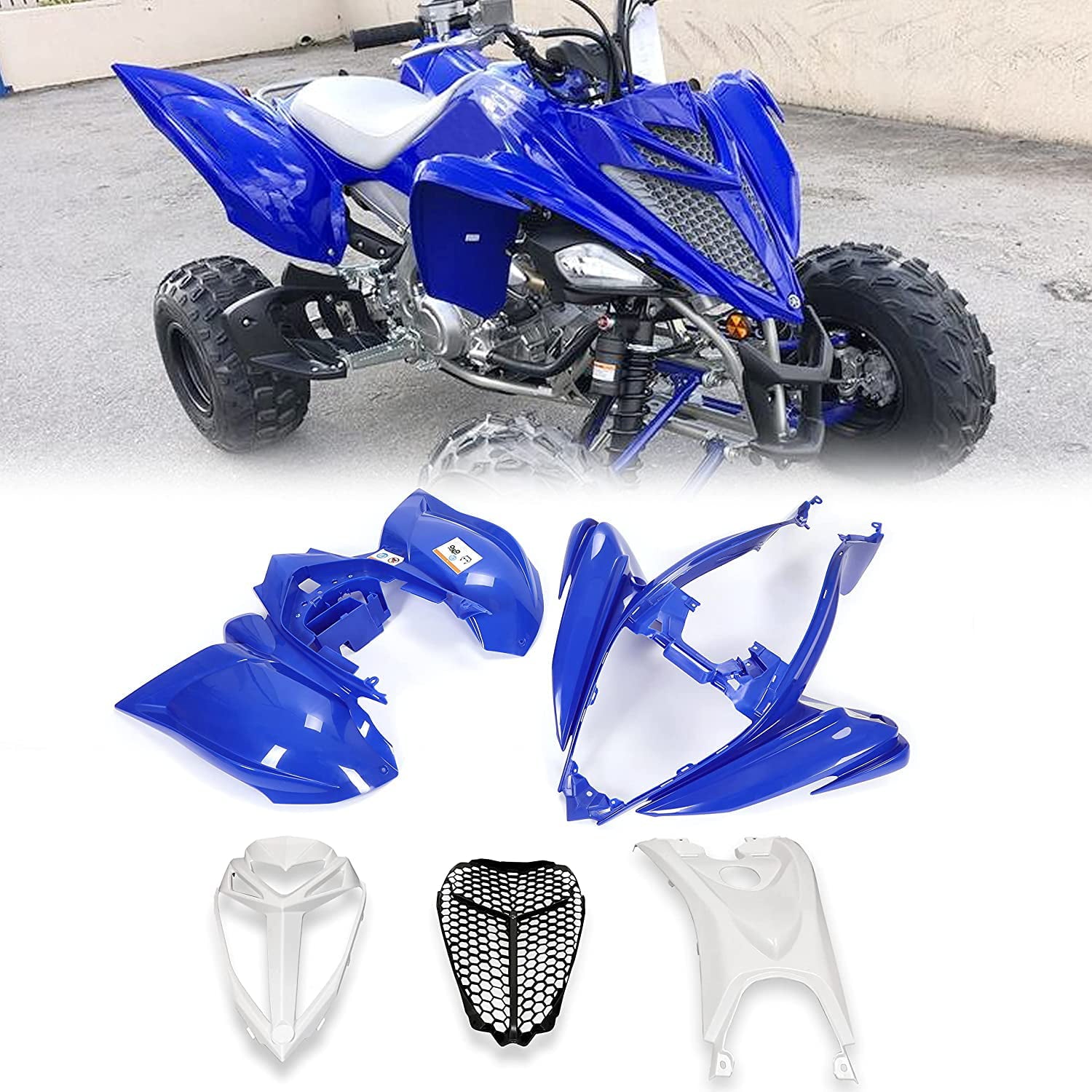 Kojem Plastic Bodywork Kit Compatible with 2006-2020 YAMAHA Raptor 700 Blue+White+Black Front and Rear Fender Flares + Tank Cover + Grille/ Fender + Gas Cap + Mesh