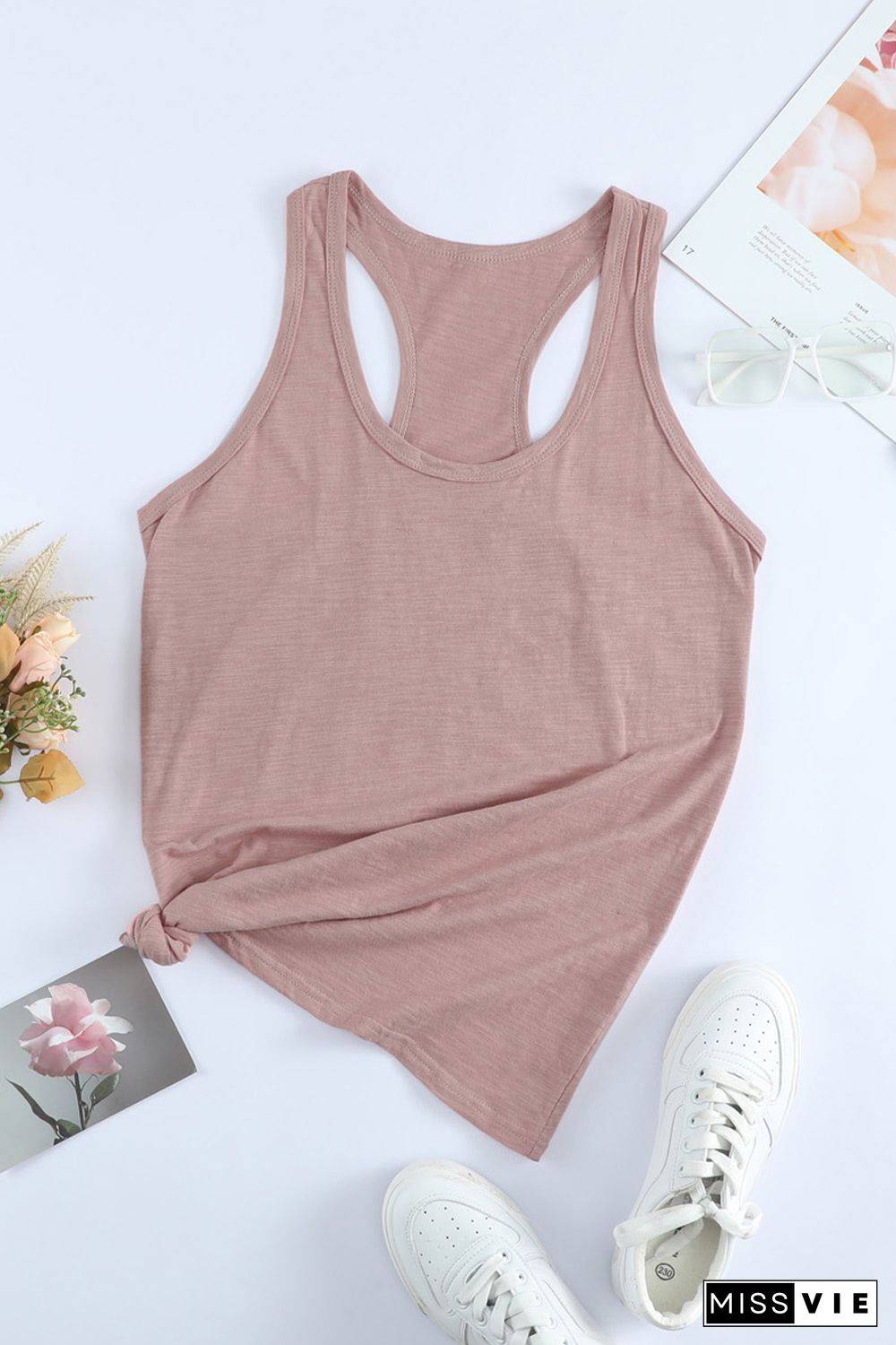 Pink Scoop Neck Basic Solid Tank Top