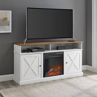 Welwick Designs 60 in. Reclaimed Barnwood and Brushed White Wood X Door TV Stand Fits TVs up to 65 in. with Electric Fireplace HD8758