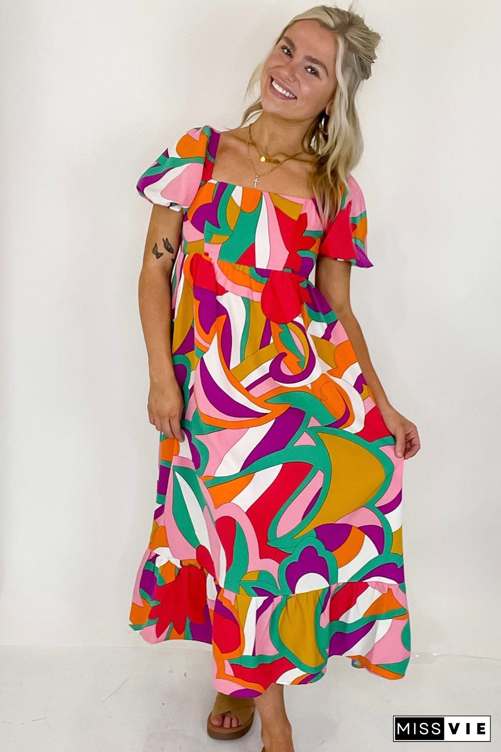 Red Abstract Print Square Neck Flowy Midi Dress