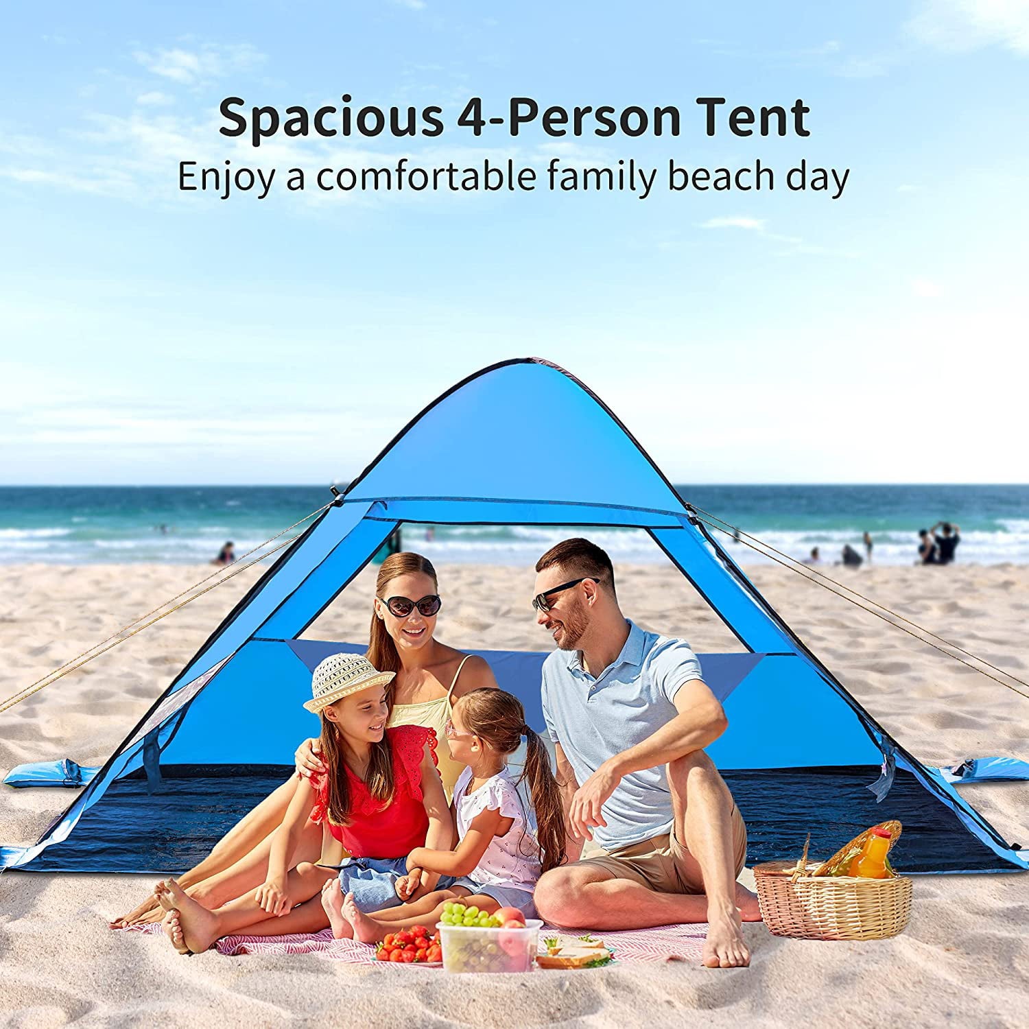 AKASO Pop-Up Beach Tent for 3-4 Person， 7.4' x 4.7' Shade Sun Shelter with UV Protectant Coating