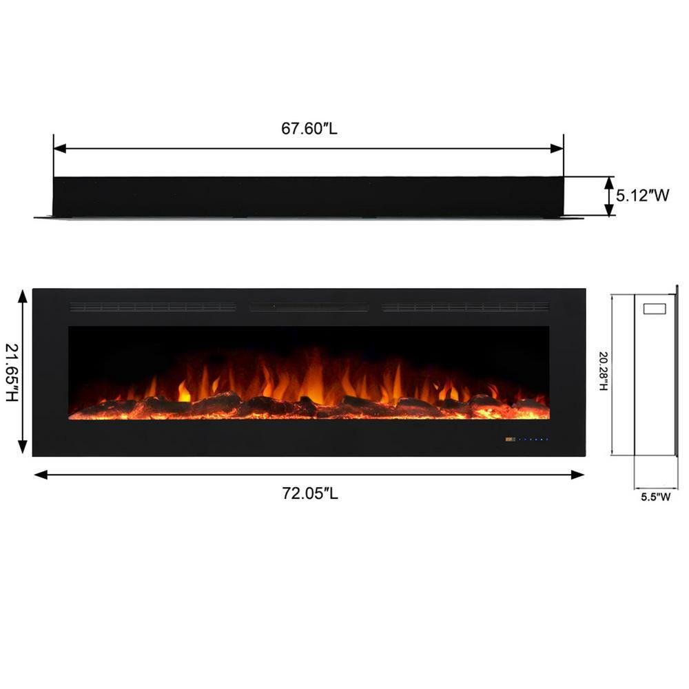 Valuxhome 72 in. 1500W750W Electric Fireplace Recessed Fireplaces with Remote Overheating Protection Touch Screen in Black EF72-HD