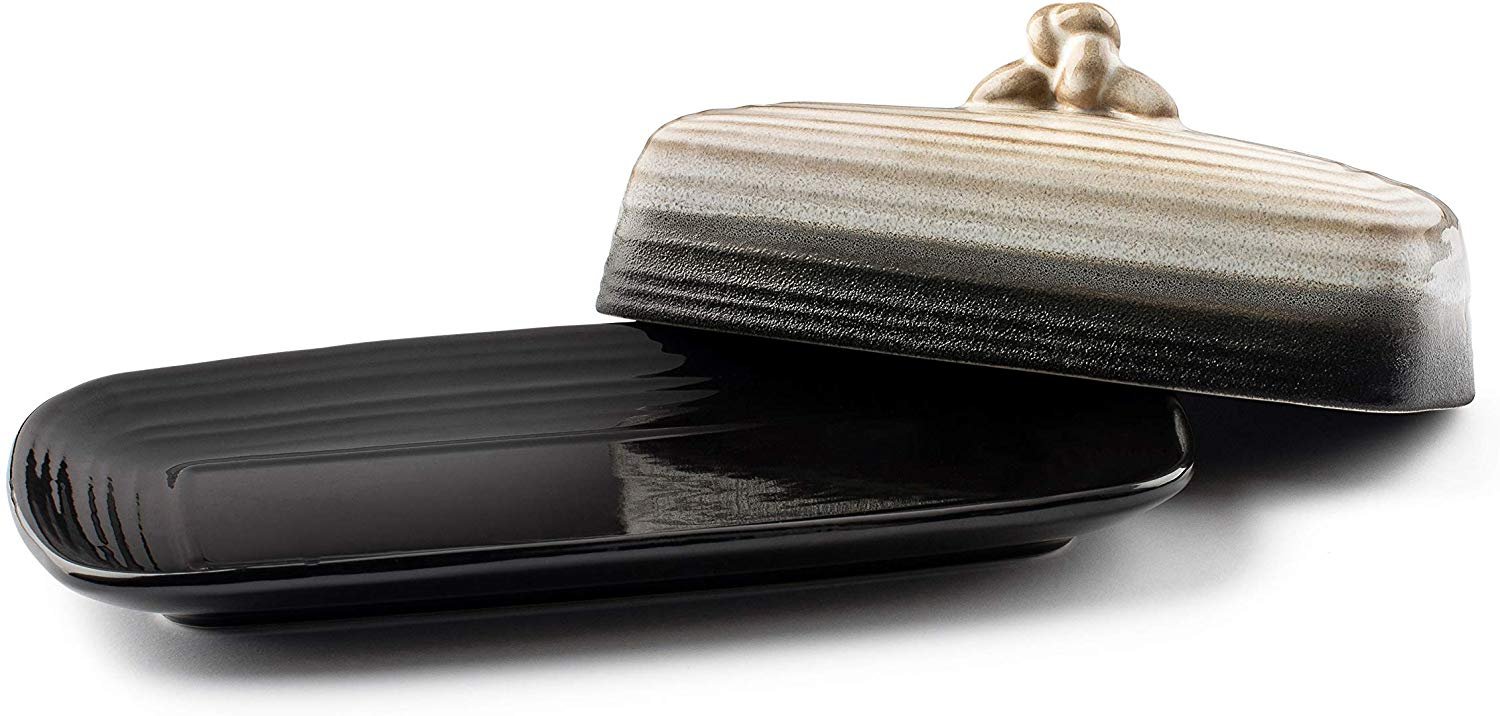 Ceramic Butter Dish w Handle Midnight Cover and Plate 2-Piece Combo Dark， Contemporary Kitchen Dcor Decorative， Modern Design for Kitchen， Dining Room