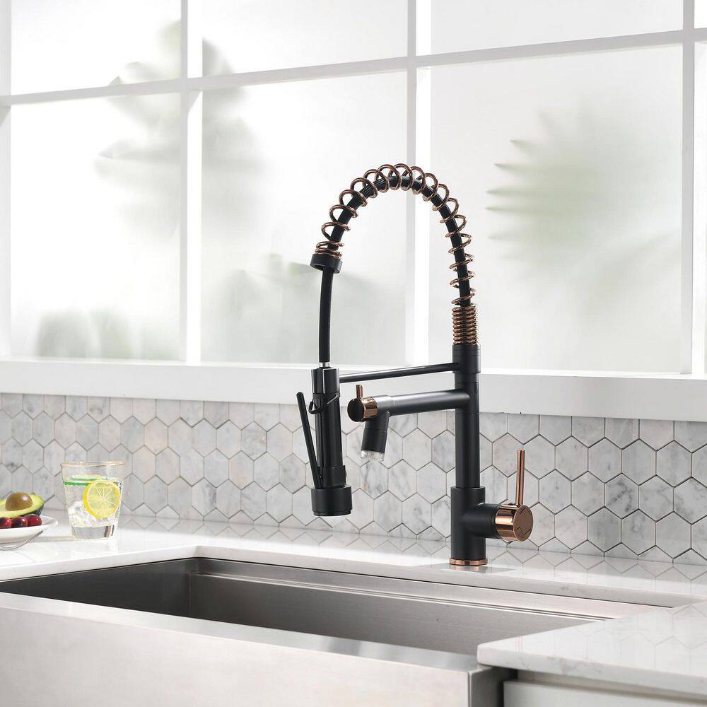 Boyel Living 1.8 GPM Single Handle Pull Down Sprayer Kitchen Faucet with LED Light and Pot Filler in Matte Black Mix Rose Gold BL-2BR91-LED