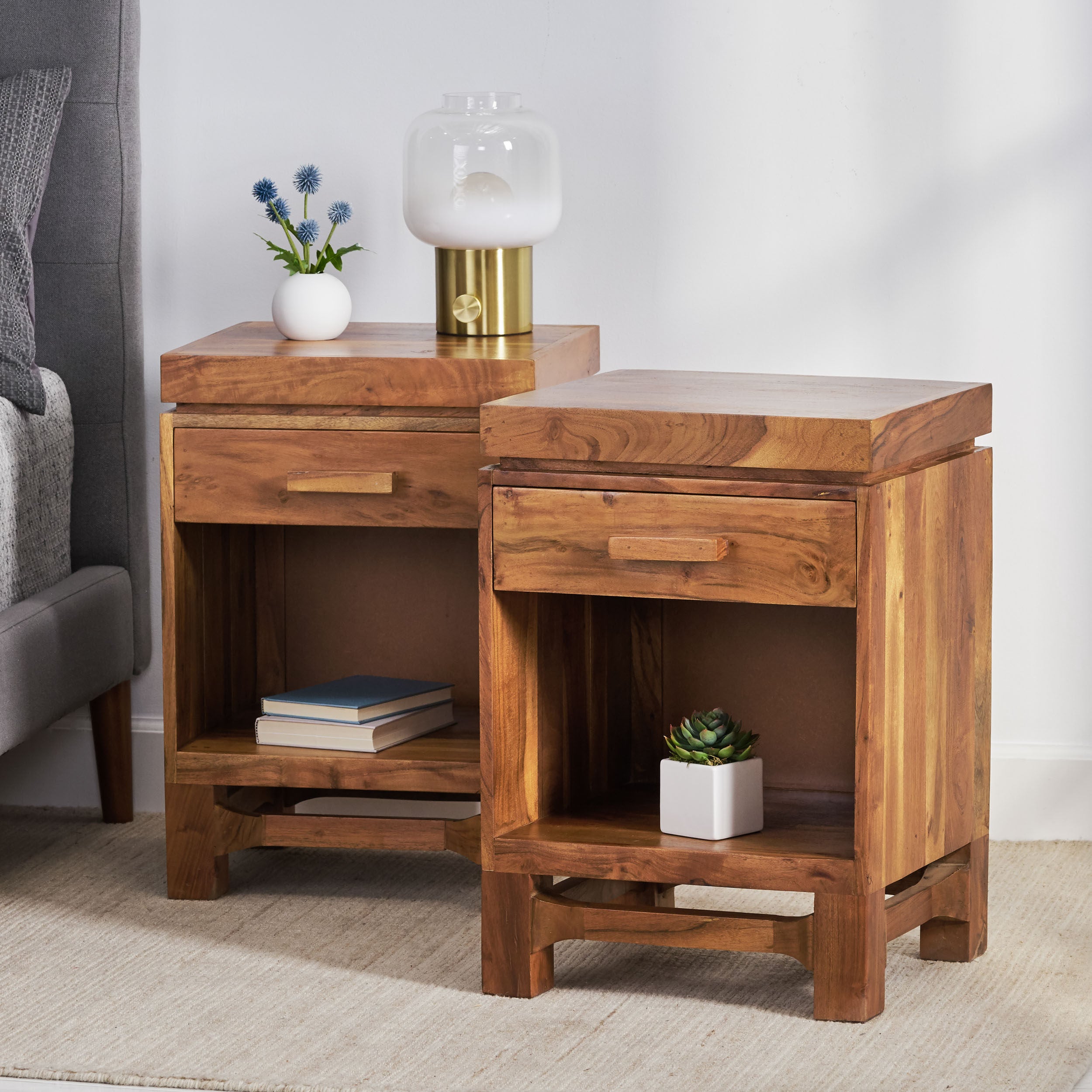 Lindale Boho Handcrafted Acacia Wood Nightstand, Set of 2