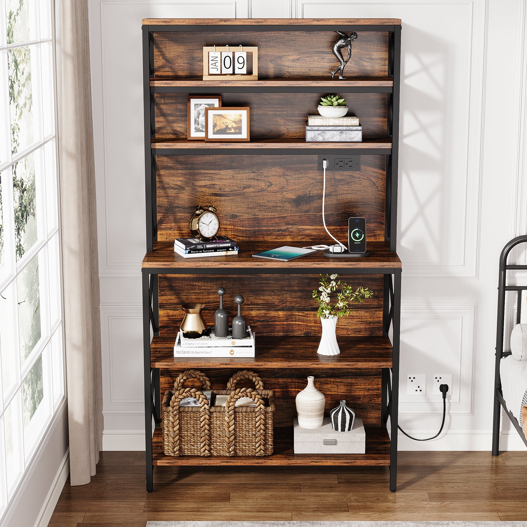 70 Bookshelf, Wood Bookcase Display Shelf with Power Outlets