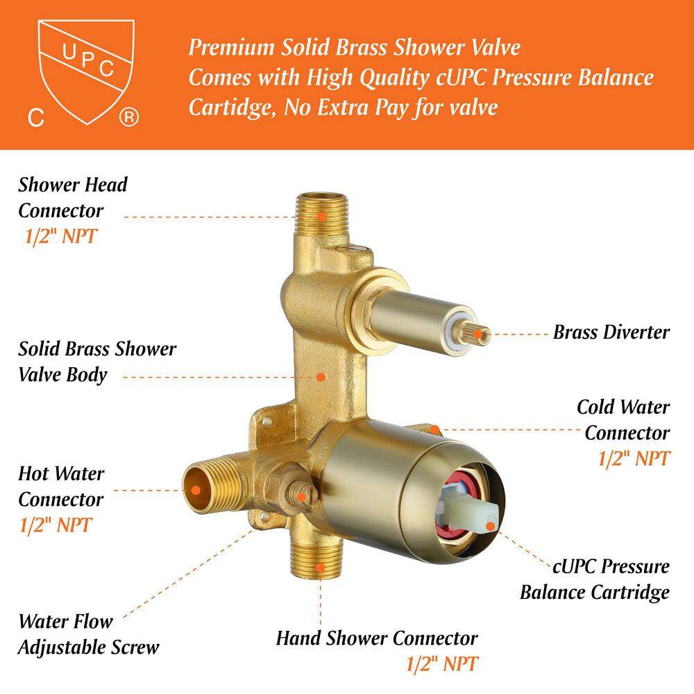 Boyel Living Wall Mount Single-Handle 7-Spray Tub and Shower Faucet with Handheld Shower Head in Brushed Gold (Valve Included) BL-88026BG