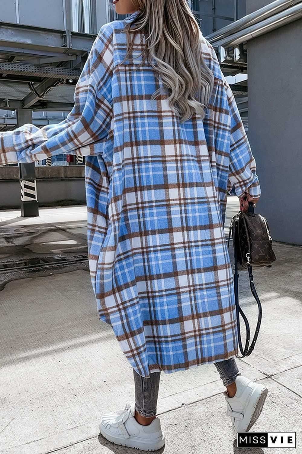 Open Button Pockets Plaid Long Length Jacket