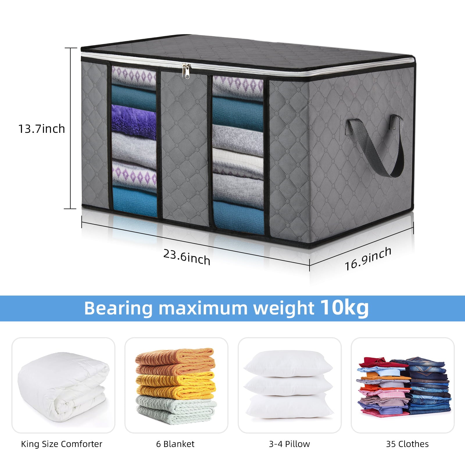 Closet Organizer – Durable Storage Bags for Clothes, Shoes, Pillows, Blankets – Clear Window Storage Bins with Middle Interlayer for the Closet – Excellent Fabric – 3pcs