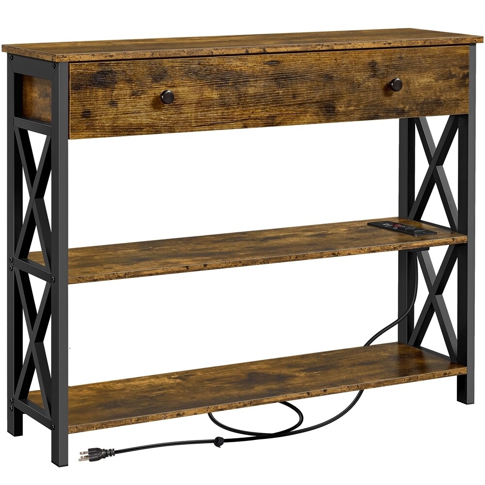 Yaheetech Vintage Wooden Console Table with Power Outlet Sofa Table with 1 Drawer and 2 Open Shelves