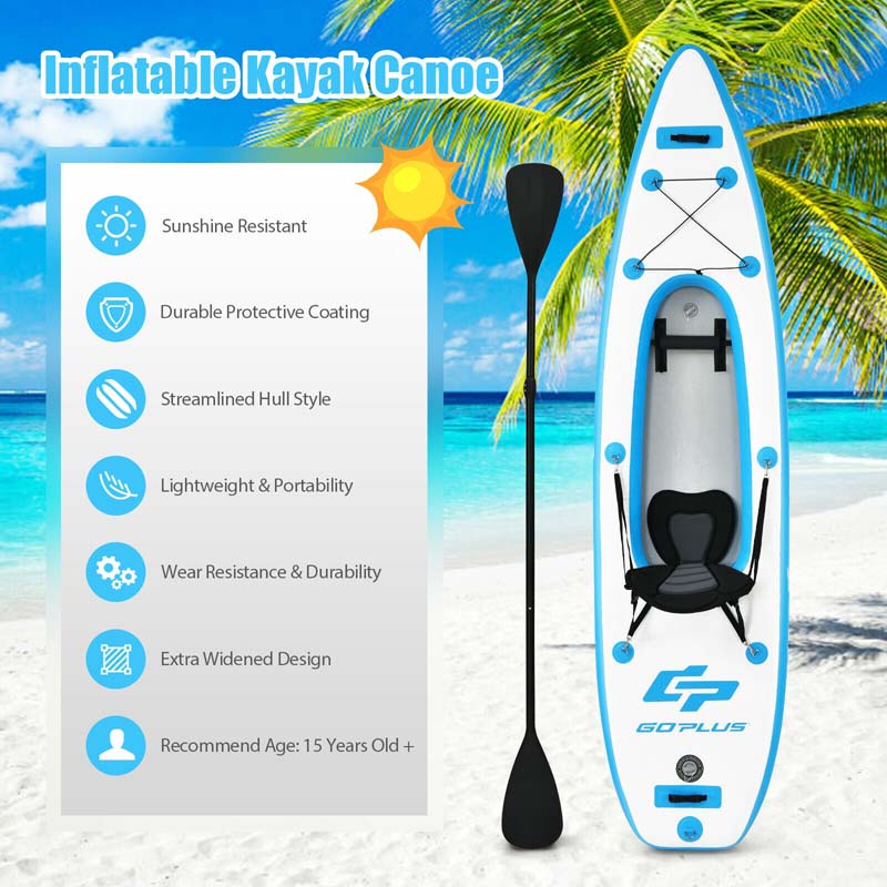 11FT Inflatable Kayak Canoe Boat Raft with Adjustable Aluminum Oars, Portable Recreational Rowboat Set