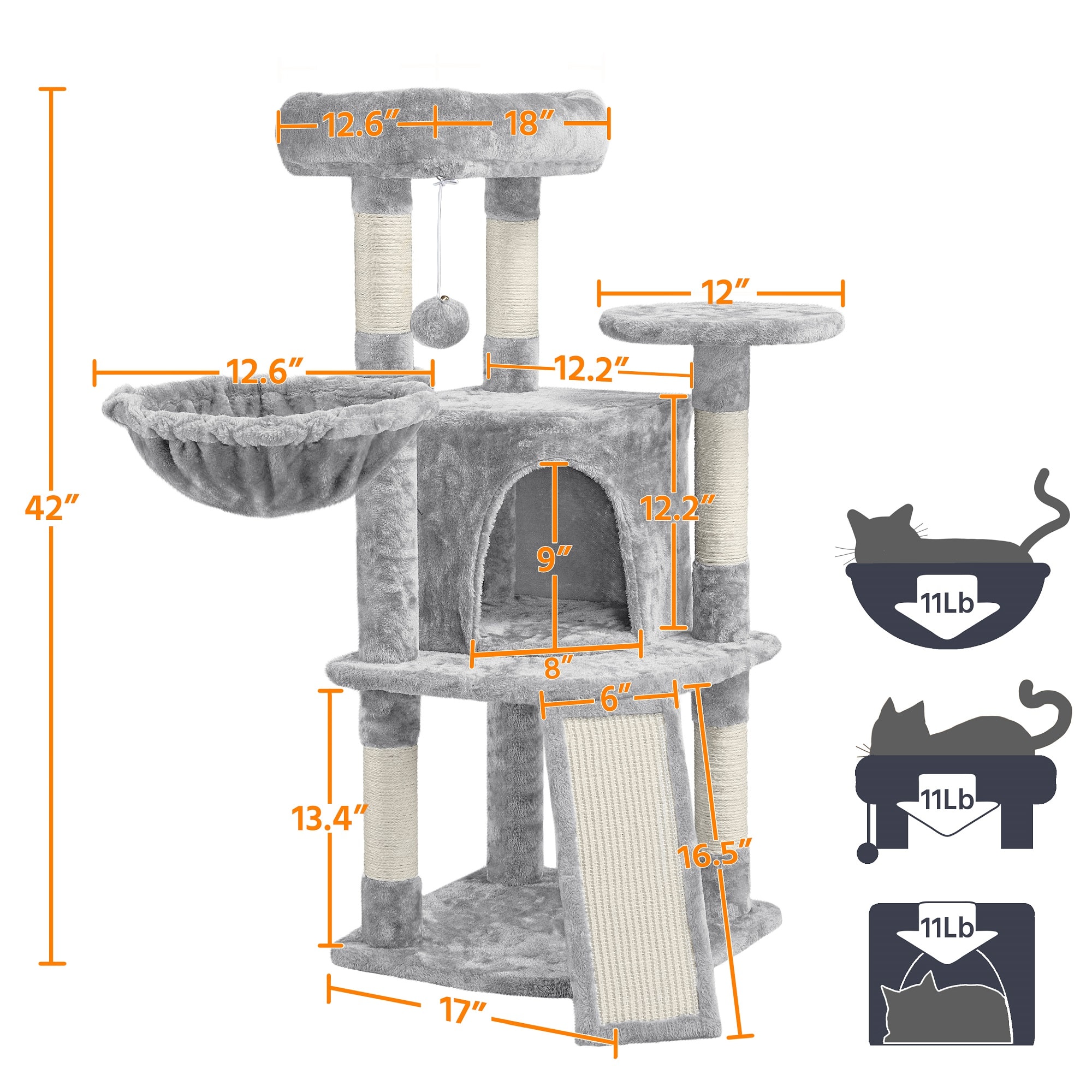 TOPEAKMART Light Gray Medium Plush Cat Tree Condo with Basket， 42