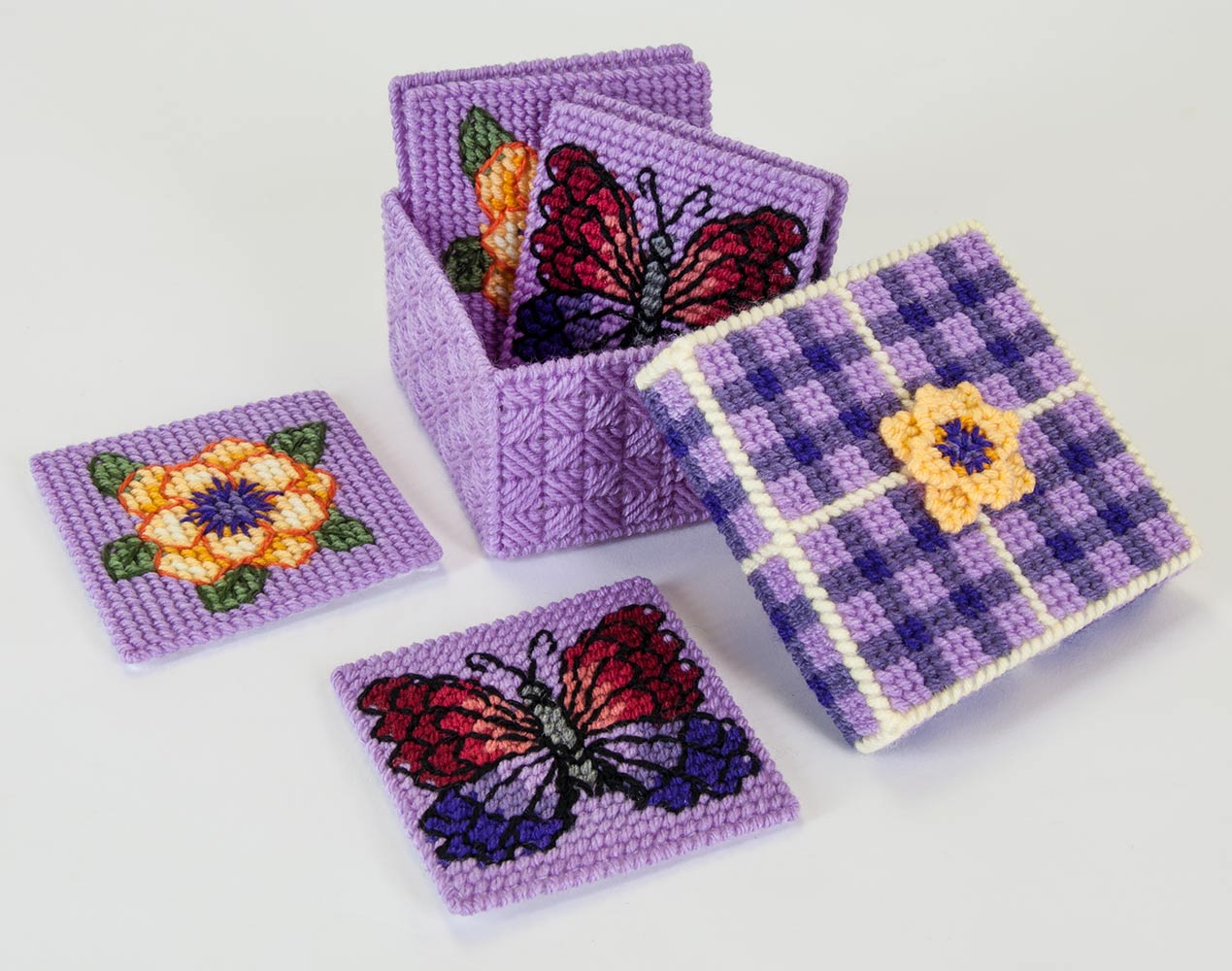 Mary Maxim Summer Flutter Coasters and Holder Plastic Canvas Kit - Set of 6