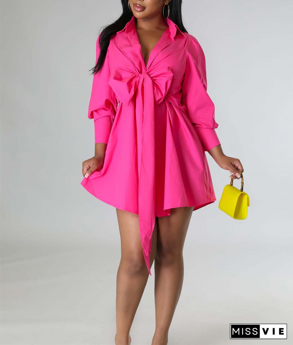 Solid Color Bowknot Decor Long Sleeve Shirt Dress