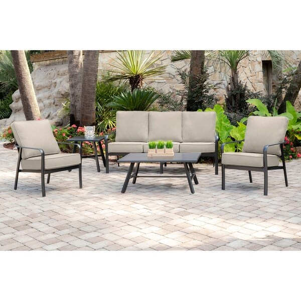 Hanover Cortino 5Piece CommercialGrade Patio Seating Set with 2 Cushioned Club Chairs，Sofa，and Coffee and Side Table