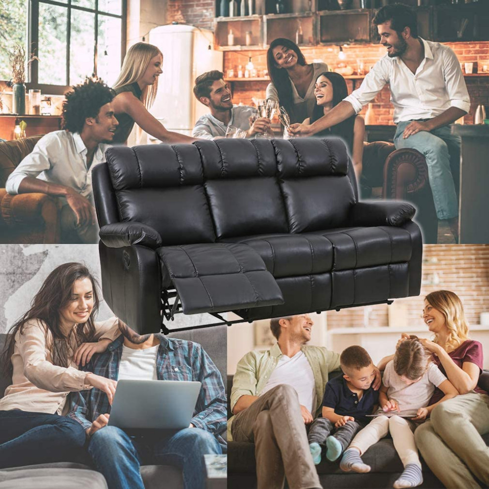 Modern Reclining Sofa  Manual Design With Extra Padded PU Leather Seat  Black   Contemporary   Sofas   by Decorn  Houzz