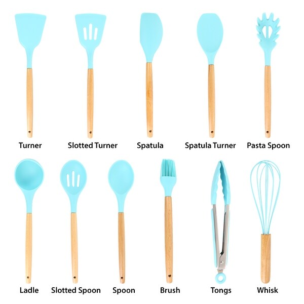 12 Piece Turquoise Silicone and Wood Cooking Utensils