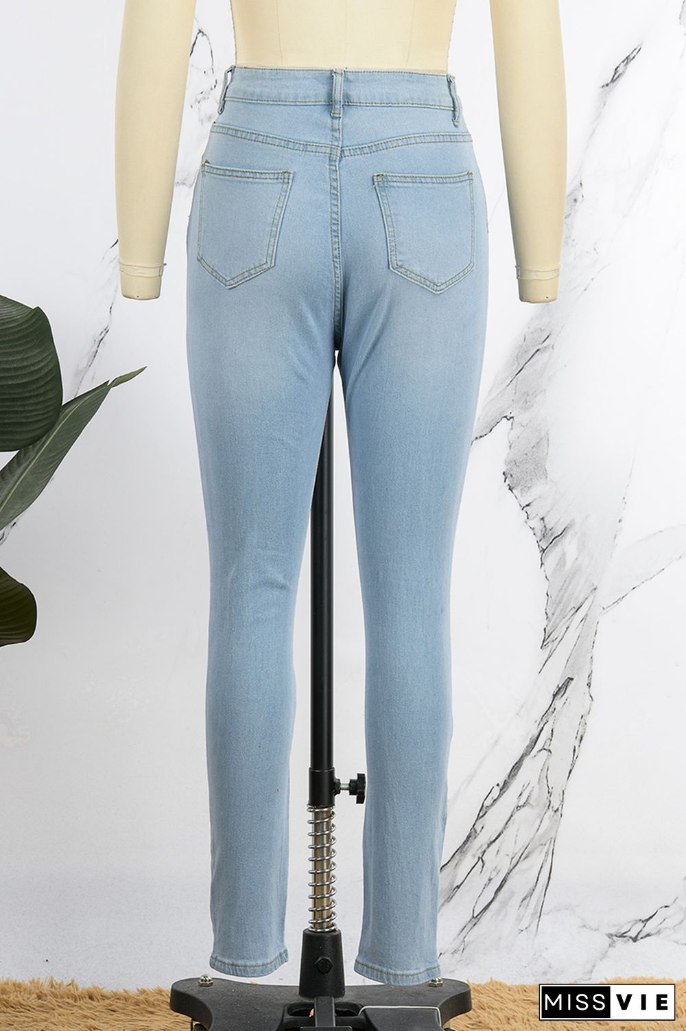 Light Blue Street Solid Ripped Patchwork High Waist Denim Jeans