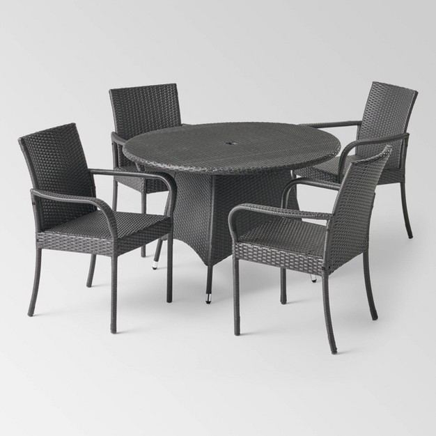 Pala 5pc Wicker Outdoor Dining Set Gray Christopher Knight Home Weather resistant Iron Frame Umbrella Hole