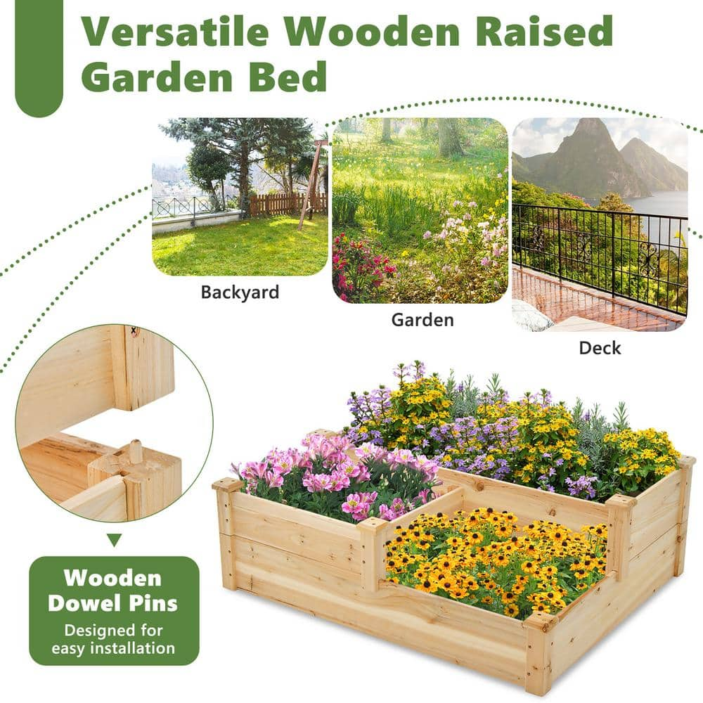 Gymax 3-Tier Outdoor Raised Garden Bed Fir Wood Elevated Flower Box Backyard GYM11364