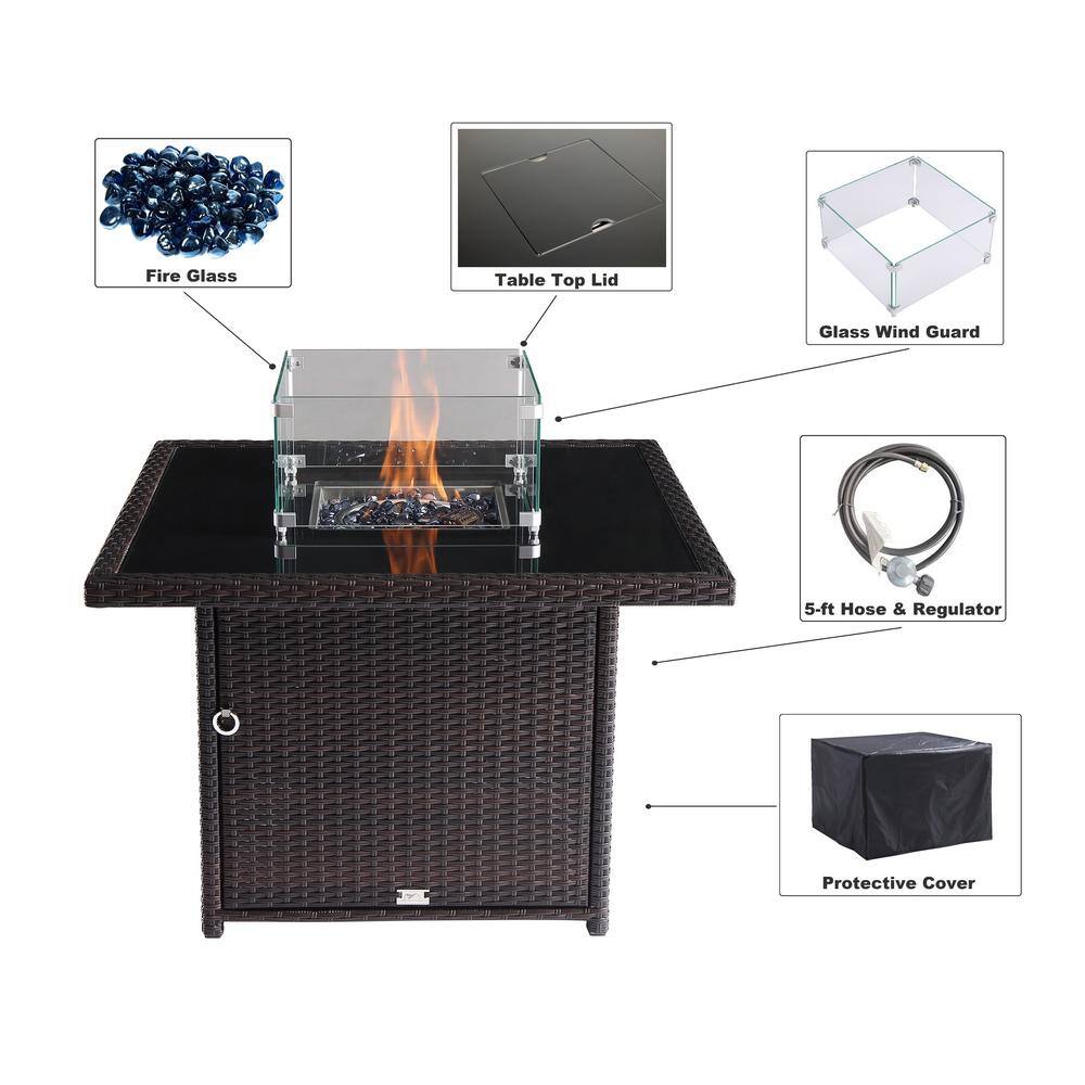 Oakville Furniture 36 in. Outdoor Square Brown Wicker Aluminum Gas Propane Fire Pit Table In Tempered Glass WFire Glass OVF-WKFPT36