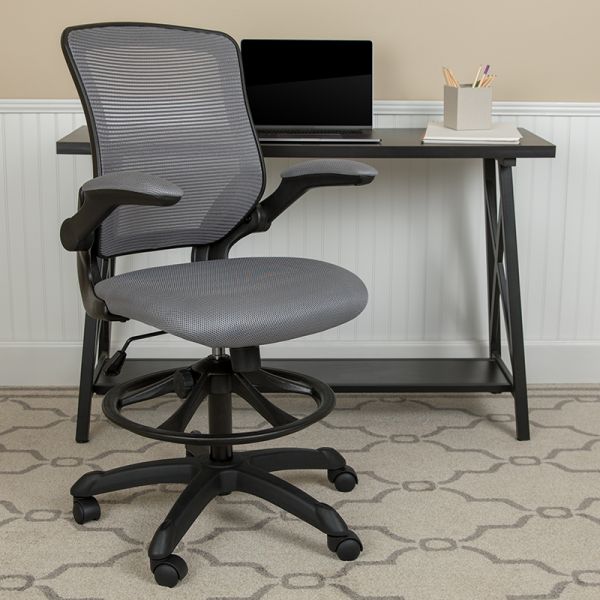 Kale Mid-Back Dark Gray Mesh Ergonomic Drafting Chair with Adjustable Foot Ring and Flip-Up Arms