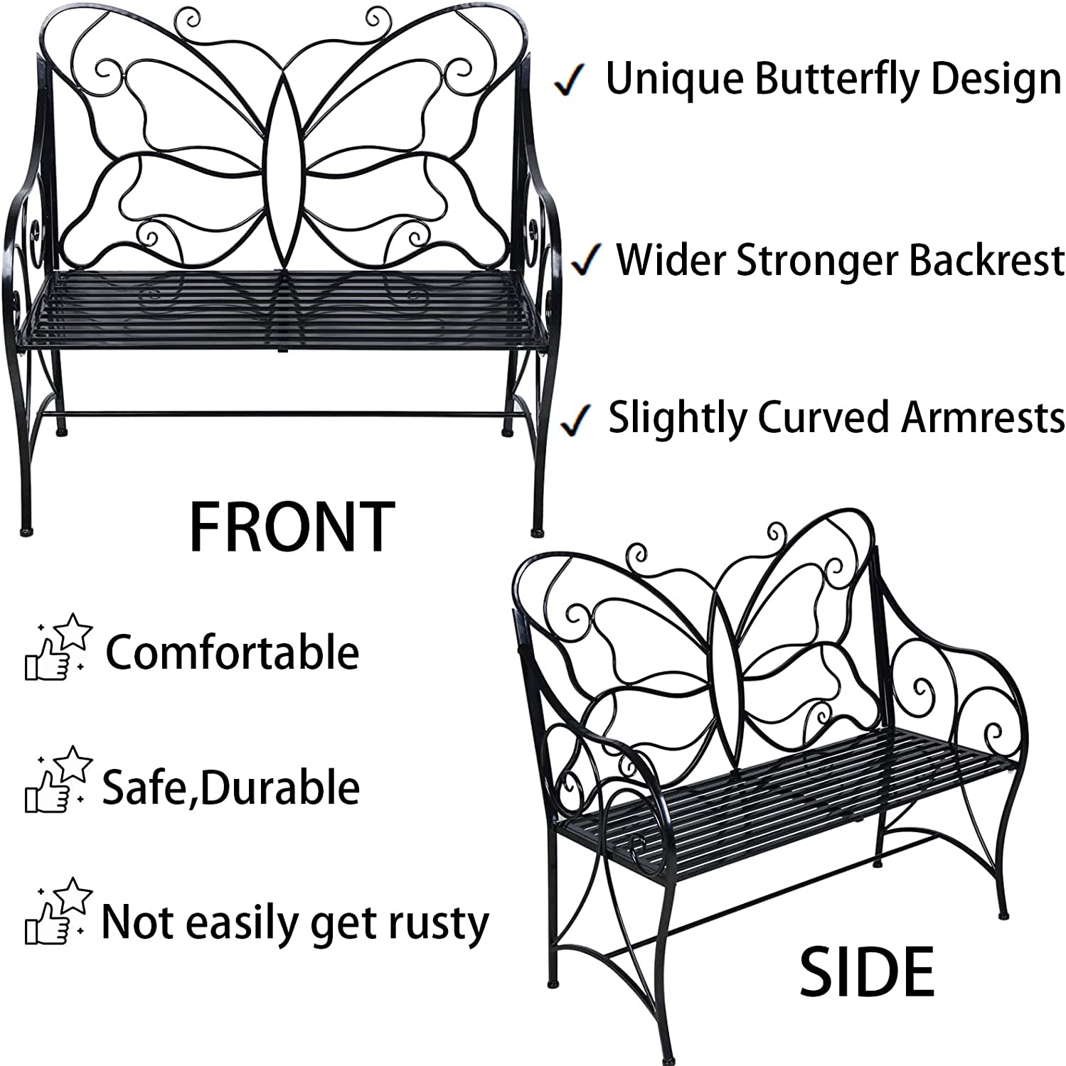 Metal Antique Outdoor Garden Bench Leisure Butterfly Bench, Black