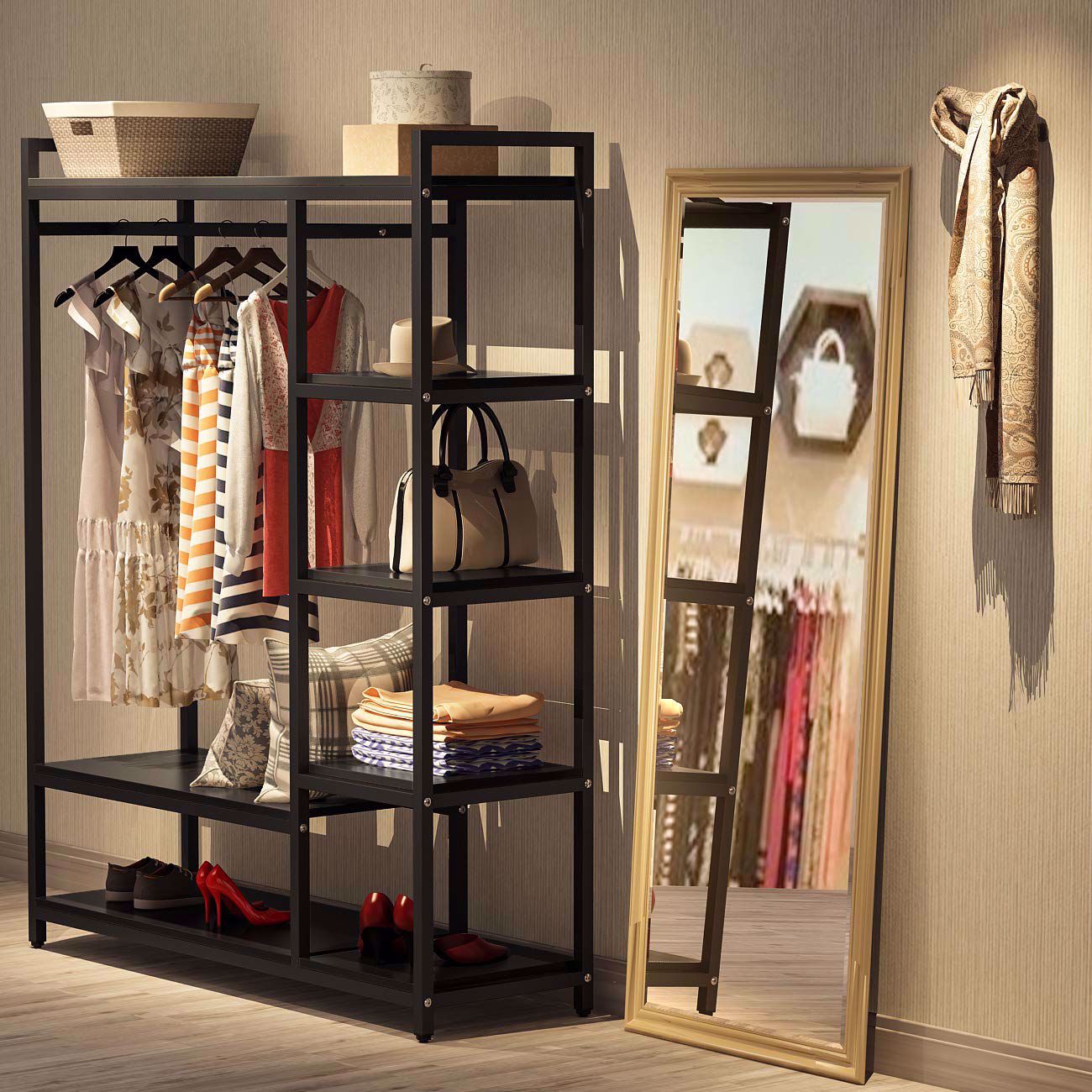 Tribesigns Free-Standing Closet Organizer,Heavy Duty Clothes Rack with 6 Shelves and Hanging Bar, Large Closet Storage System & Closet Garment Shelves