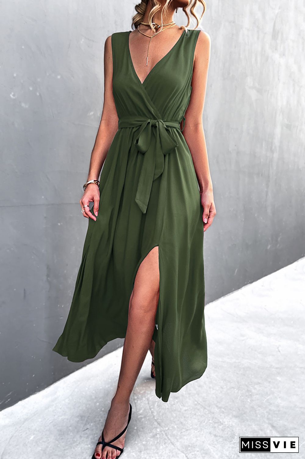 V-neck Cross-tie Sleeveless Slit Dress Wholesale