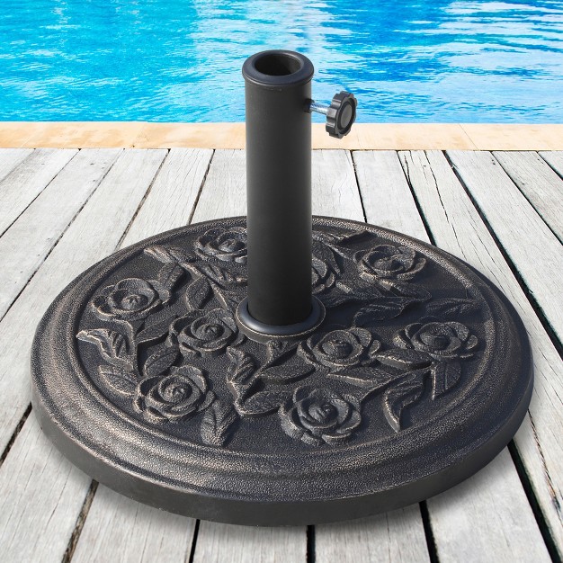 20 Lbs Round Resin Umbrella Base Stand Market Parasol Holder With Decorative Rose Floral Pattern amp Easy Setup For Garden Bronze