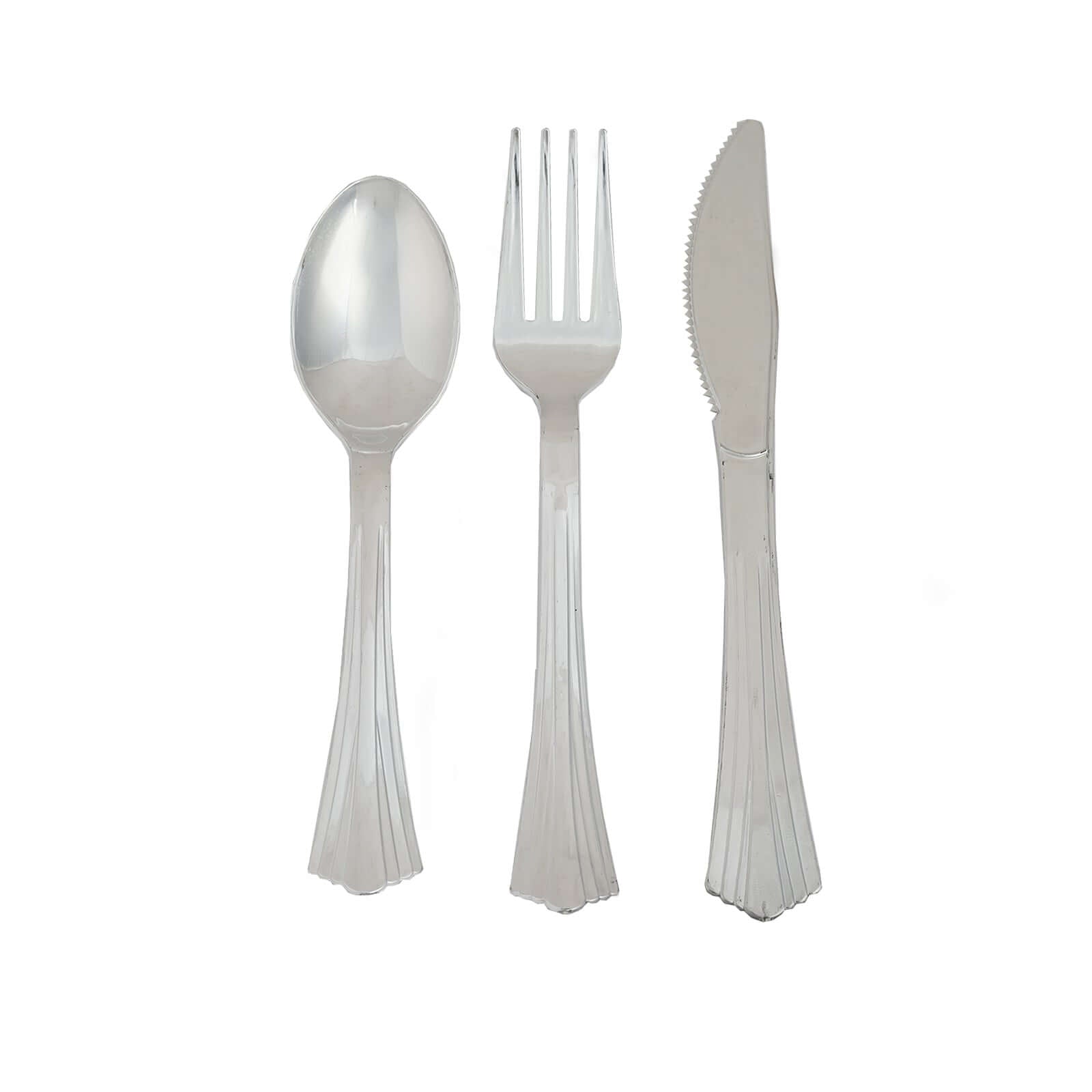 24 Pack Silver Heavy Duty Plastic Utensil Set With Fluted Handles, Disposable Silverware 6