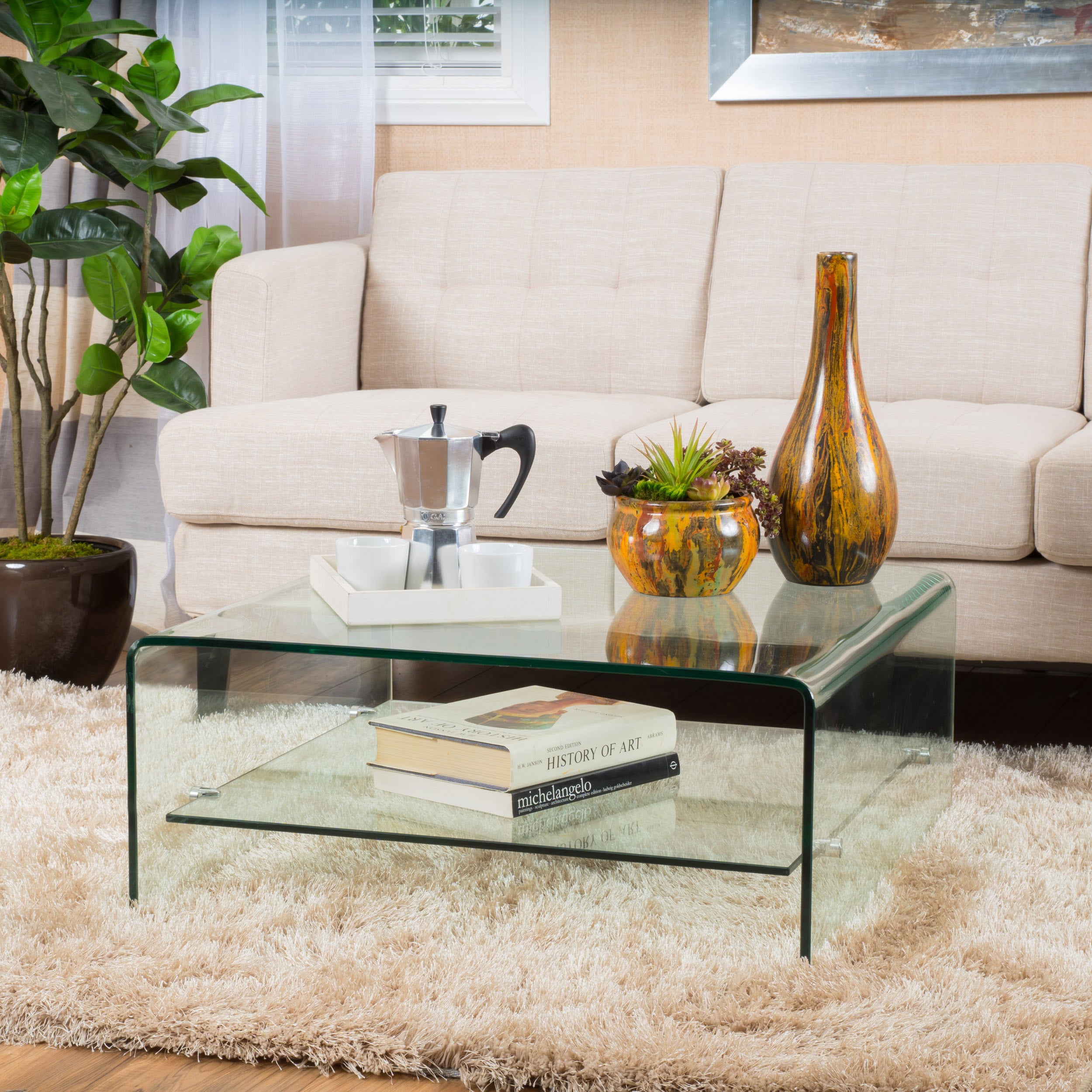 Classon Modern Square Tempered Glass Coffee Table with Shelf