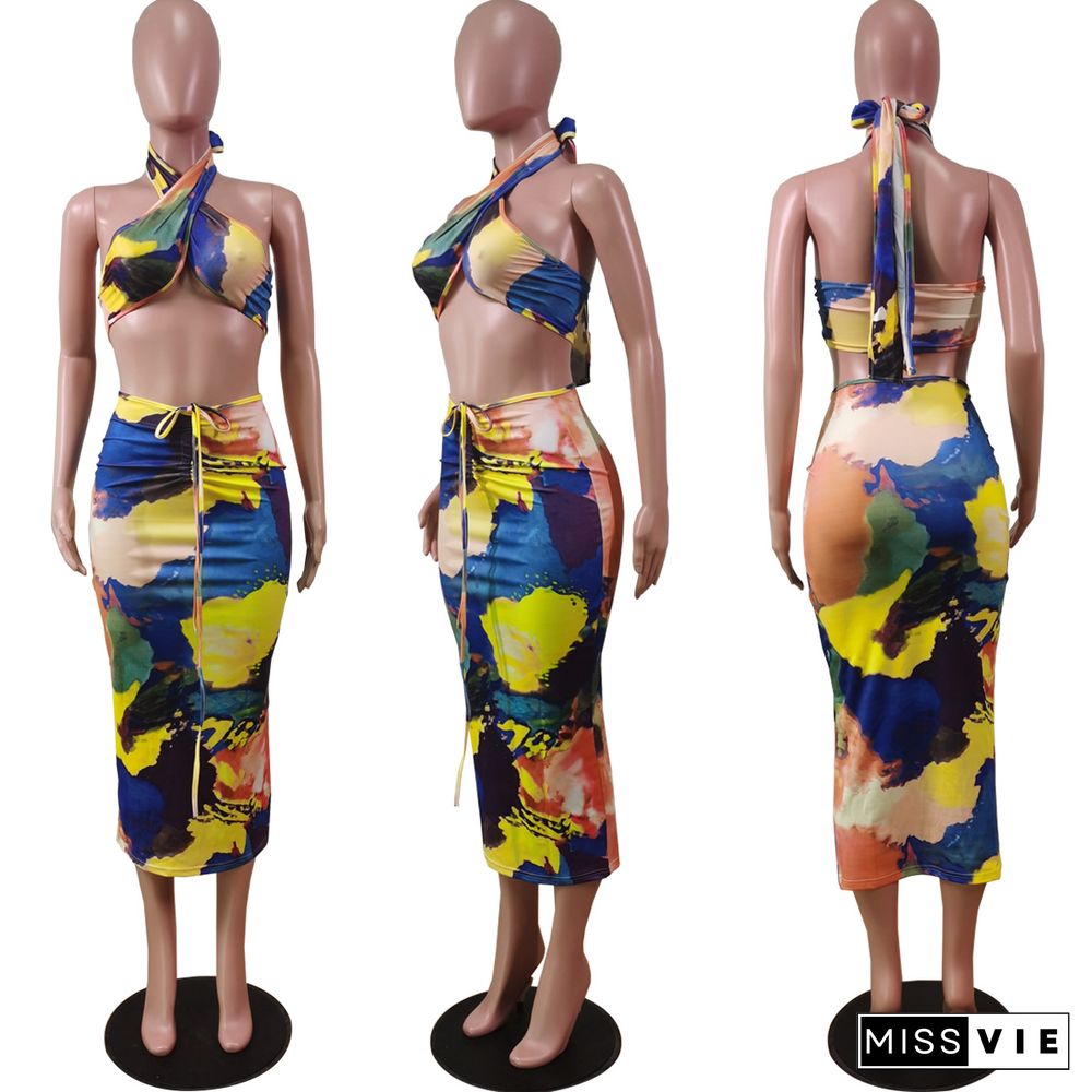 Fashion Sexy Tie-Dye Hollow Wrap-Chest Long Skirt