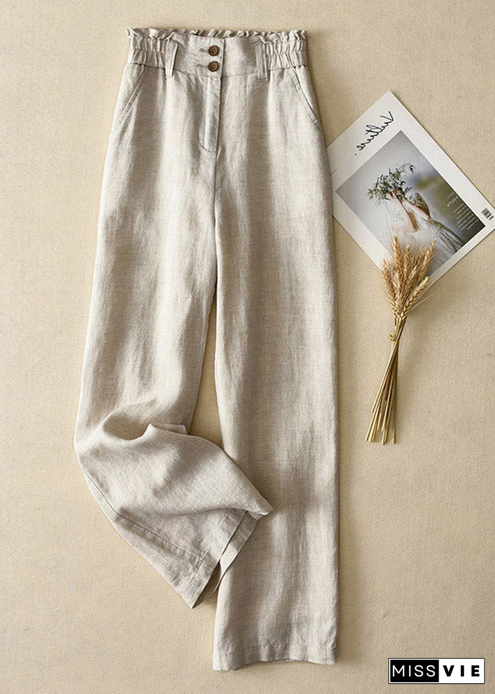 Elegant Yellow-cashew High Waist Button Linen Straigh Pants Summer