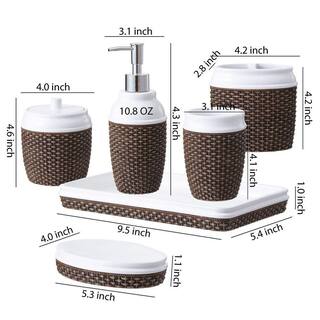 Dracelo 6-Piece Bathroom Accessory Set with Dispenser Cotton Jar Vanity Tray Soap Dish Tumbler Toothbrush Holder in Brown B09BJ7ZFX3