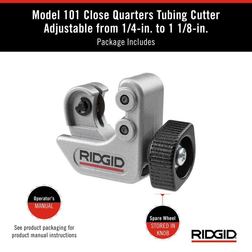 RIDGID 14 in. to 1-18 in. 101 Close Quarters Copper Aluminum Brass and Plastic Tubing Cutter Multi-Use Tubing Tool 40617