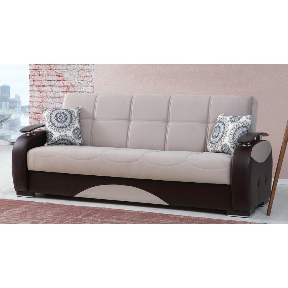 Roseville Beige and Brown Upholstered Convertible Sleeper Sofa with Storage