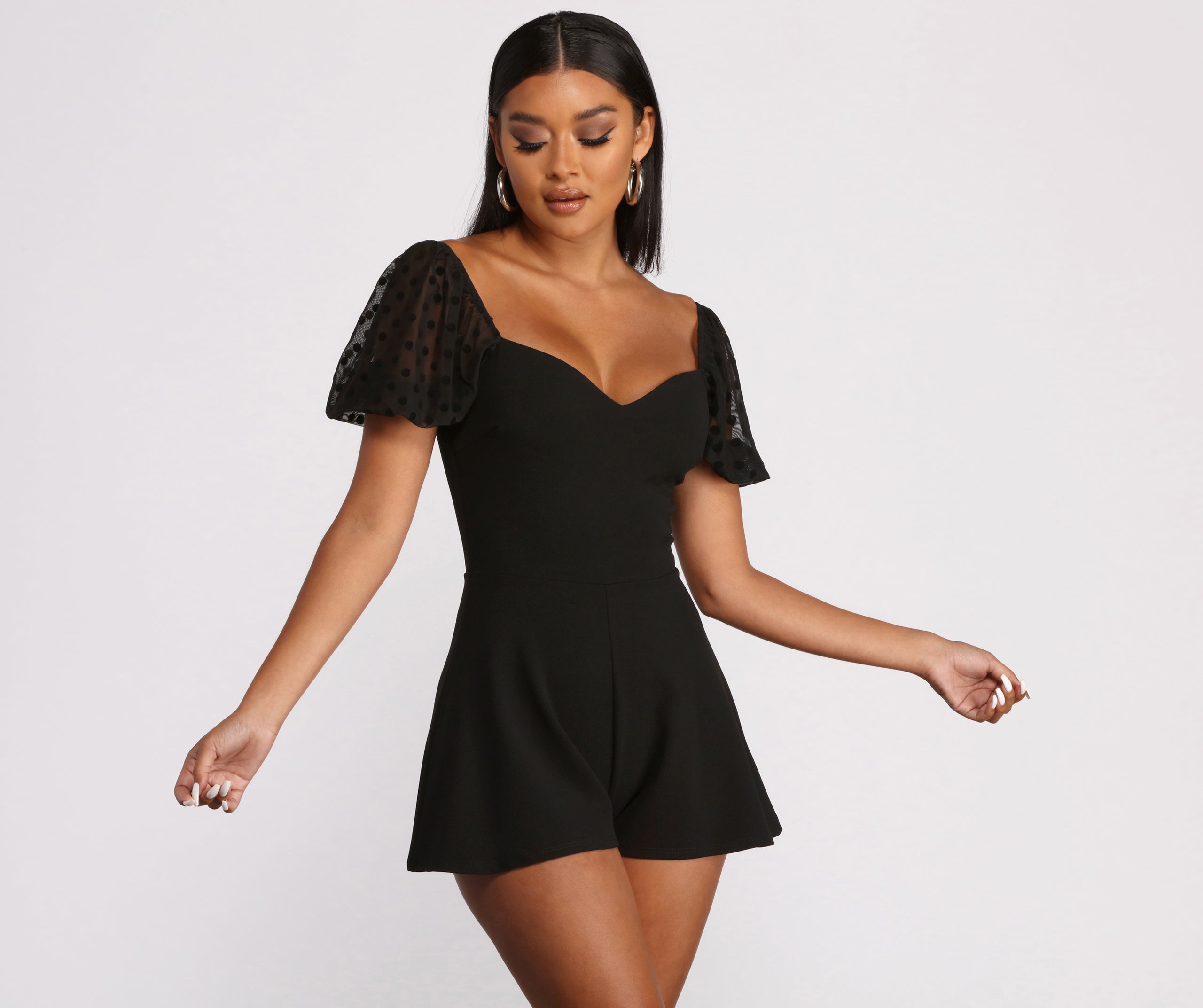 Polka Dot Puff Sleeve Sweetheart Neck Crepe Romper