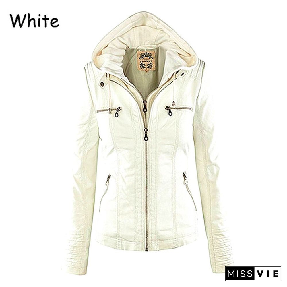 New Arrival Plus Size Women Fashion Autumn Winter Coat Jacket Long Sleeve Zipper New Women's Stylish Slim Removable Hooded Leather Jackets Coat Ladies Tops Motorcycle Coat Outerwear