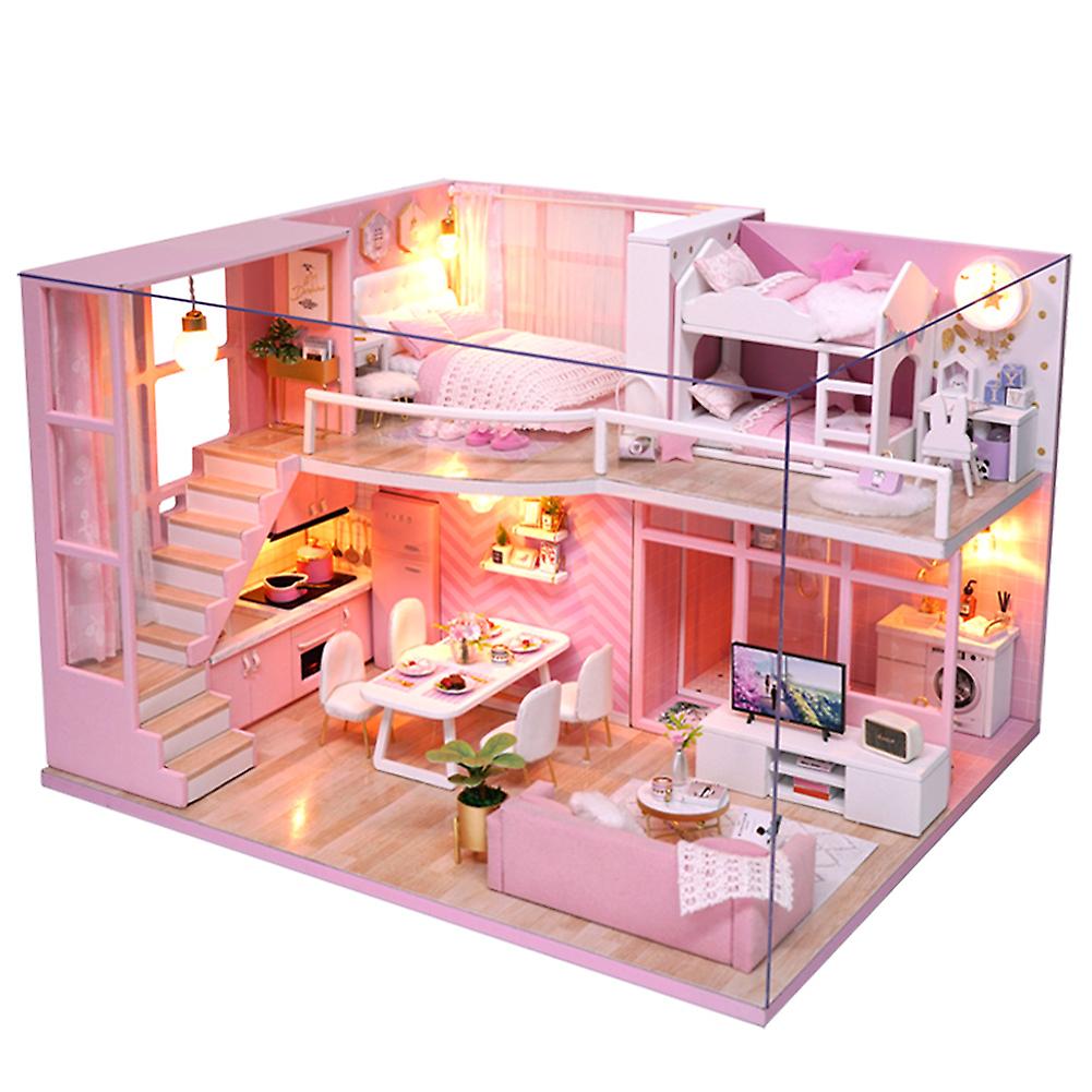 Diy Handmade Miniature Pink Girl Wooden Loft Doll House Model Kits Toy Gift