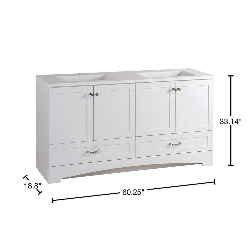 Glacier Bay Lancaster 60.2 in. W x 18.8 in. D x 33.1 in. H Freestanding Bath Vanity in White with White Cultured Marble Top LC60P2COM-WH