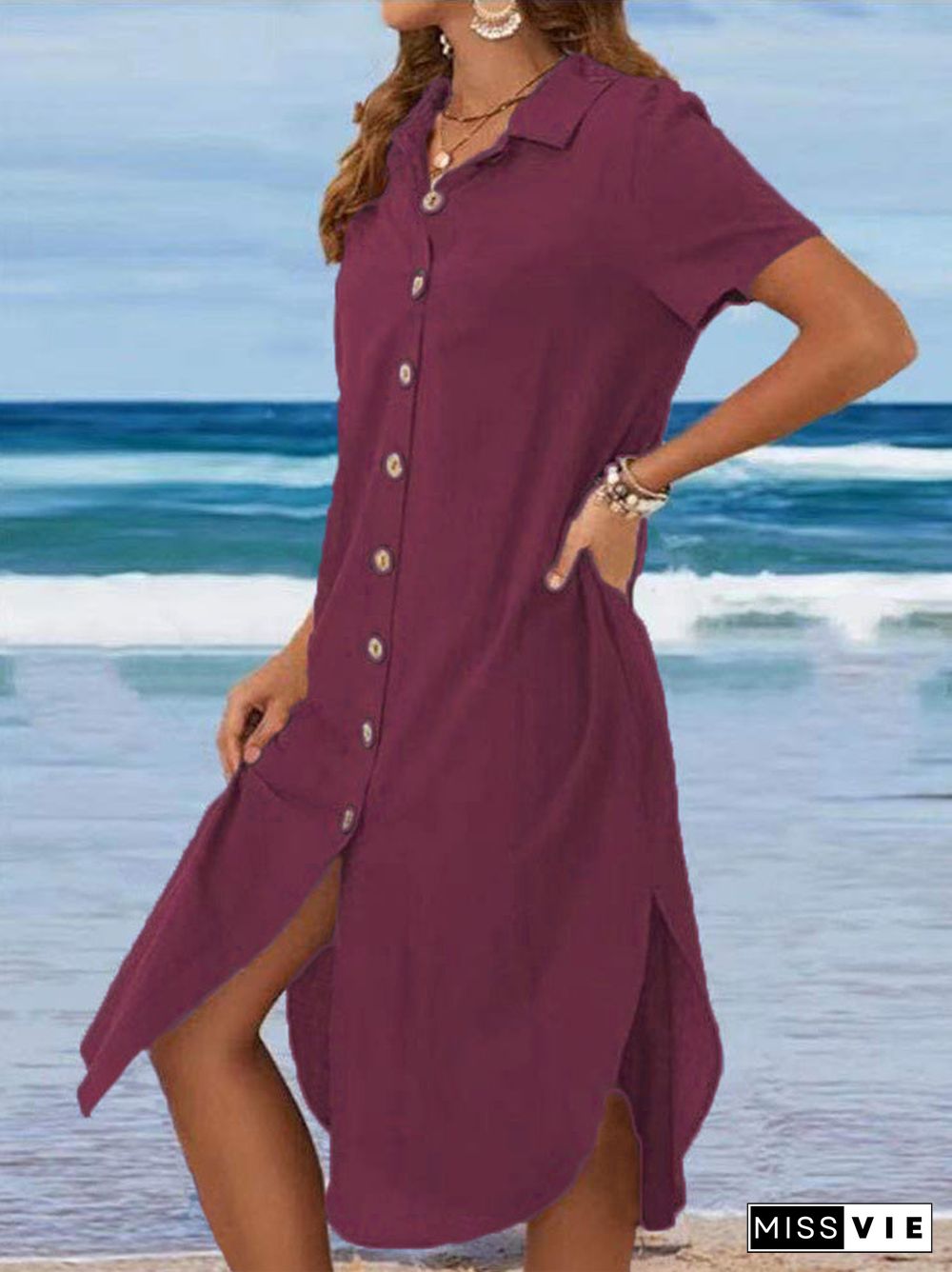 Women's Short Sleeve V-neck Buttons Midi Dress