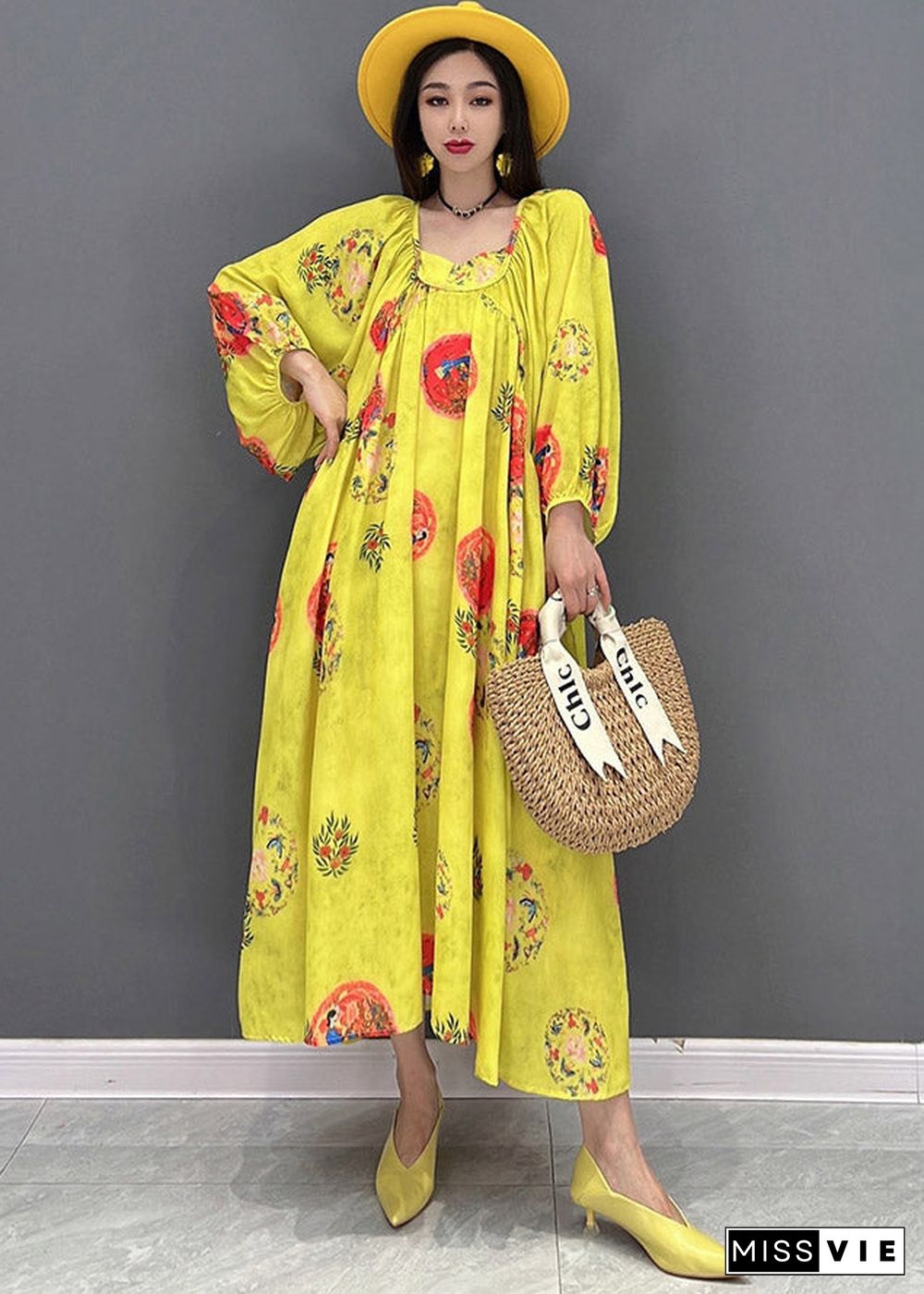 Vogue Yellow O-Neck Print Chiffon Dresses Long Sleeve