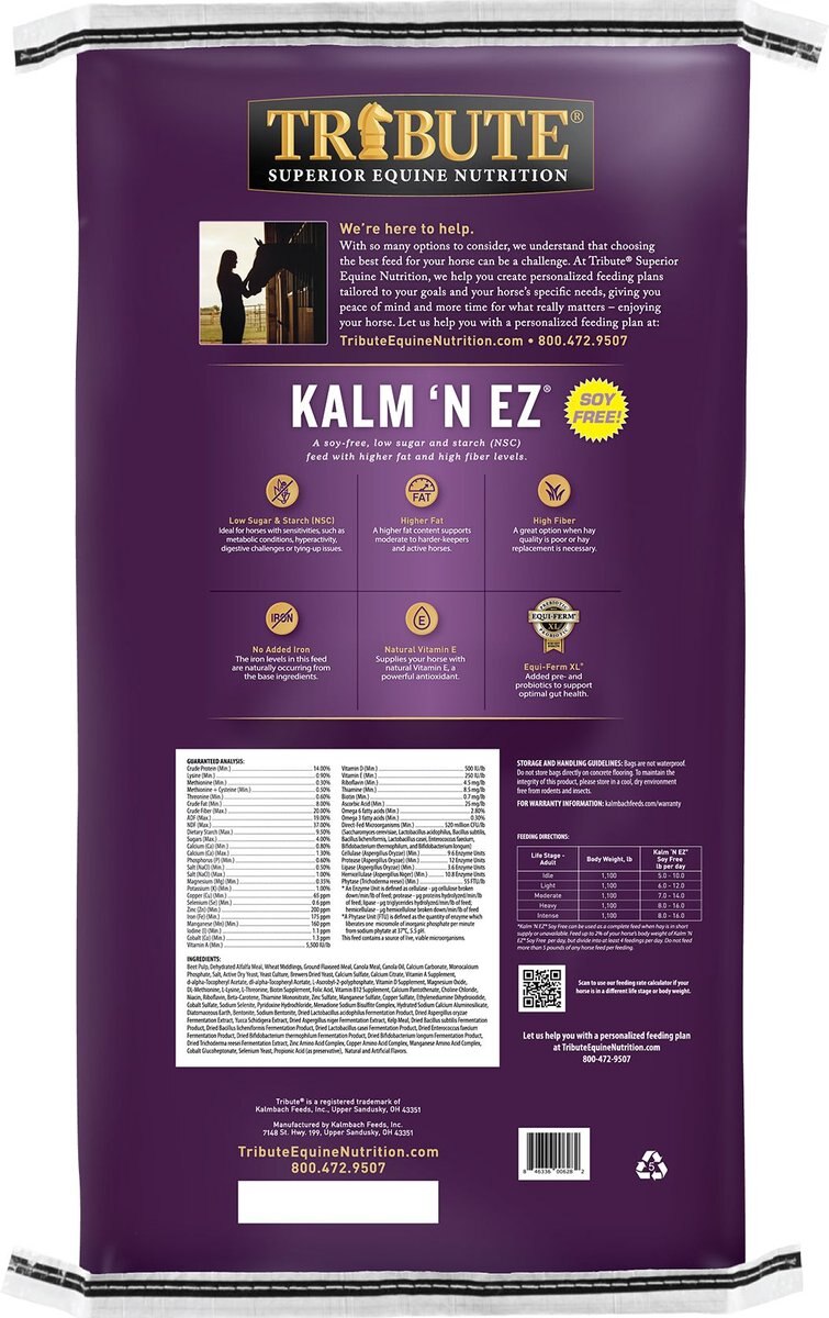 Tribute Equine Nutrition Soy-Free Kalm 'N EZ Pellet Horse Feed， 50-lb bag